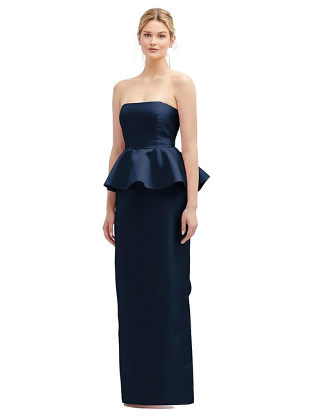 strapless satin maxi dress with cascade ruffle peplum detail