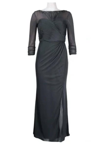 beaded sheer sleeve ruched gown in smoke