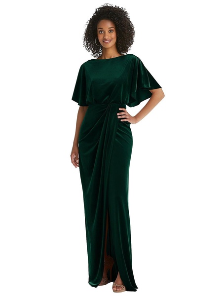 flutter sleeve open-back velvet maxi dress with draped wrap skirt