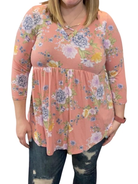 babydoll with criss cross accents tunic top in coral