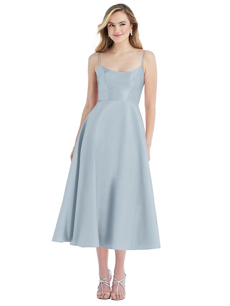 spaghetti strap full skirt satin midi dress