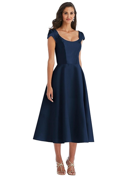 Women's Puff Cap Sleeve Full Skirt Satin Midi Dress