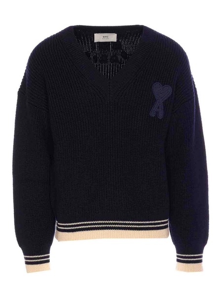 Si Blue Ribbed V Neck Sweater