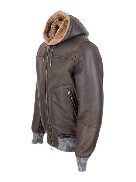 Shearling hooded jacket with ribbed cuffs