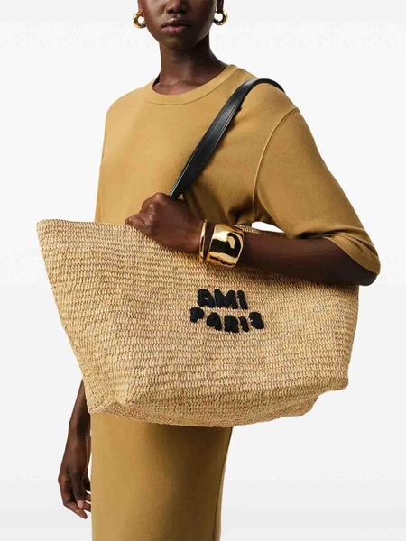 Beige Leather Rafia Tote Bag