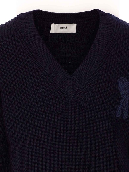 Si Blue Ribbed V Neck Sweater