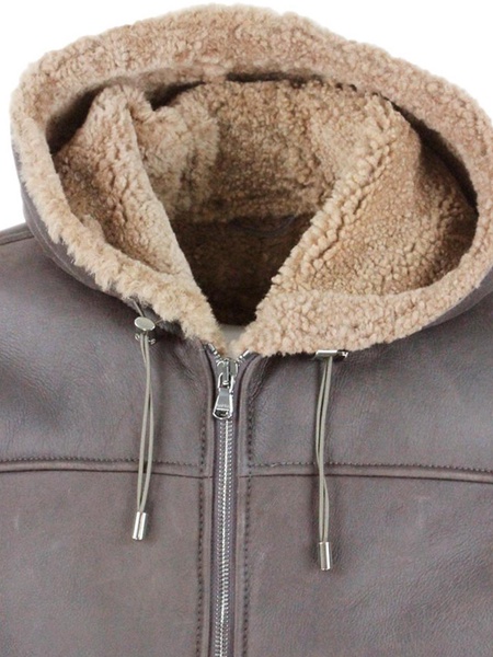 Shearling hooded jacket with ribbed cuffs
