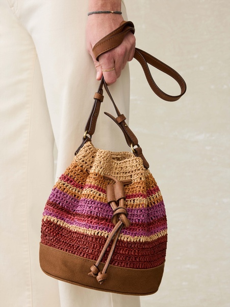 Striped Raffia Drawstring Bucket Bag - Sunrise Stripe