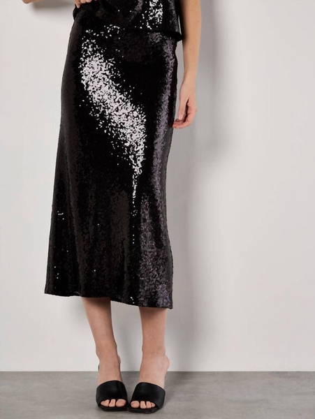 sequin bias cut midi skirt in black