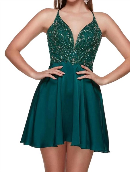 embellished top mini dress in pine