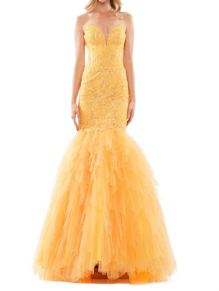mermaid-style evening dress in honey comb