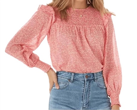 smocked floral peasant top blouse in pink