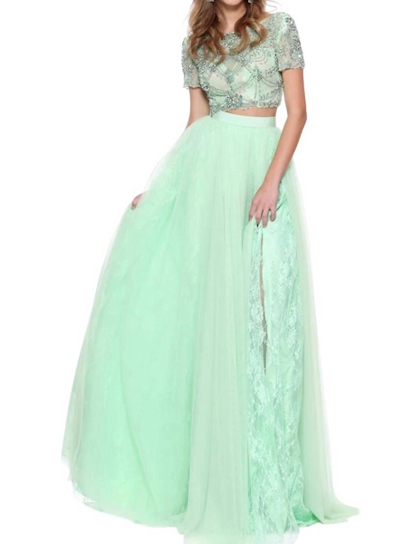 beaded tulle lace prom dress in light green