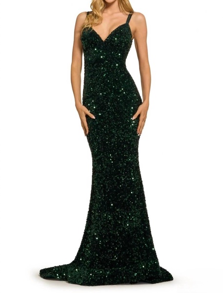 sequin v-neck prom dress in emerald