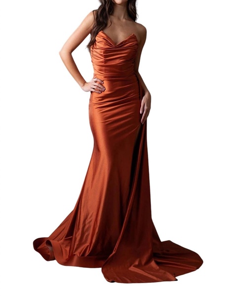 lycra fitted strapless slit gown in cinna
