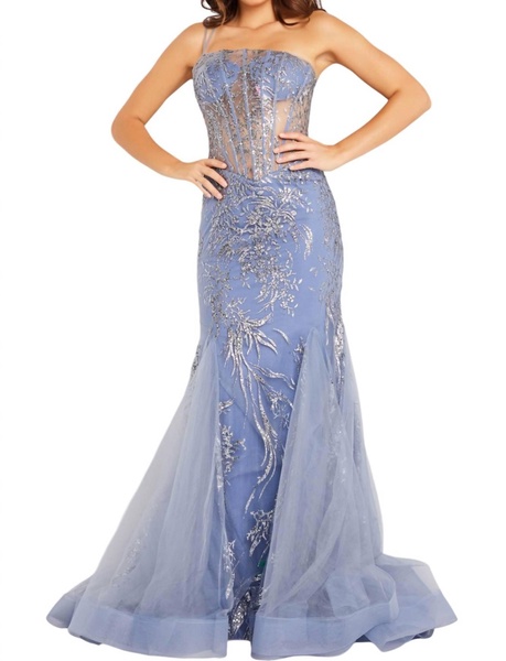 illusion corset bodice embellished dress in cloud