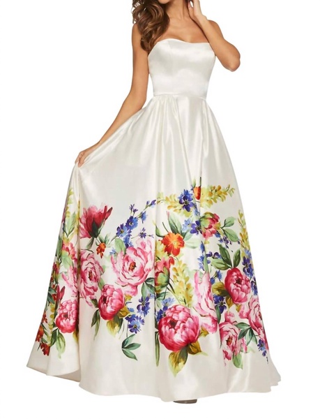 strapless satin maxi dress in ivory print