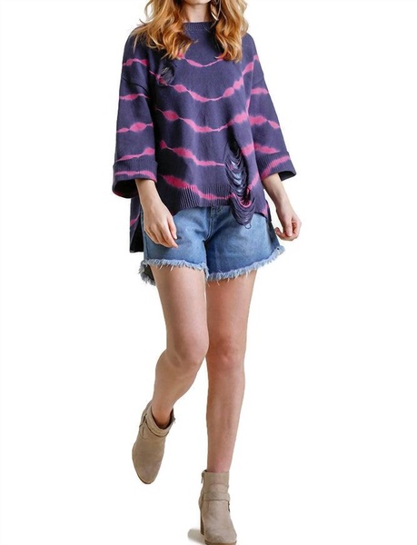 distressed tie dye sweater in navy/fuchsia