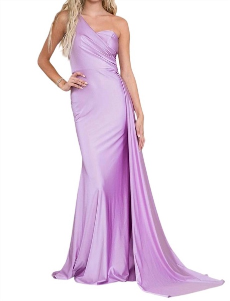 fitted one shoulder lycra gown in lilac