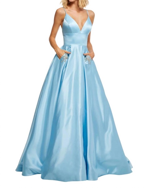 deep v-neckline beaded bow prom dress in light blue