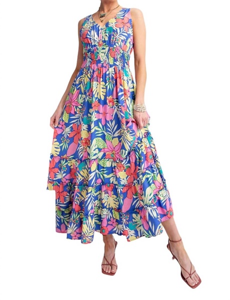 tropical print peach blossom maxi dress in peri blue