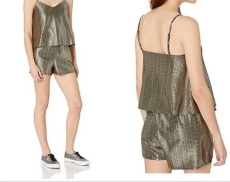 foil romper in gold