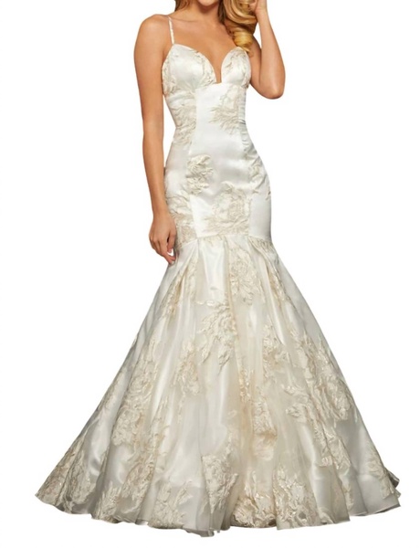 metallic print mermaid wedding dress in ivory/gold