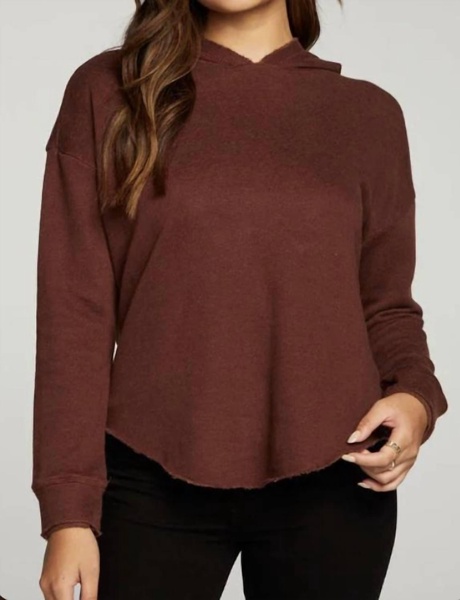 linen french terry long sleeve shirttail pullover hoodie in truffle