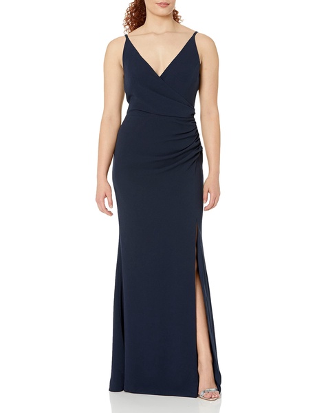 Dress the Population Women's Jordan Plunging Drape Front Sleeveless Long Gown with Slit