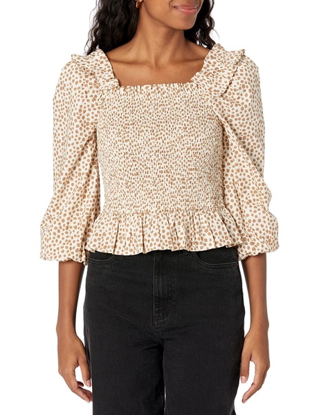The Drop Women's Marisol Long Sleeve Ruffle Smocked Cropped Top, White/Praline Dot Print, S