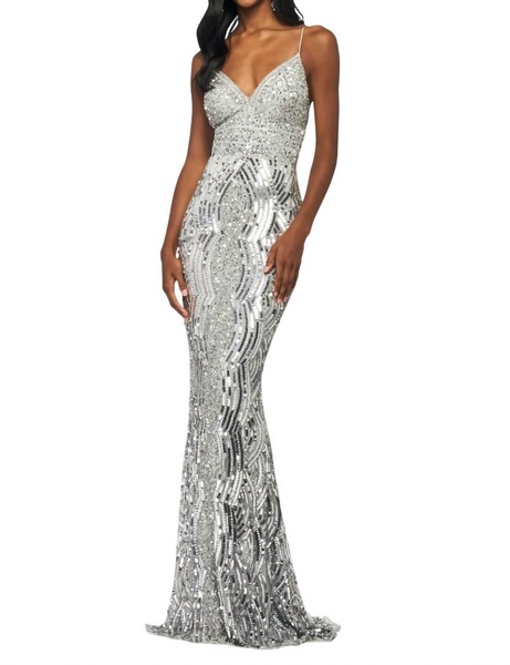 sequin beaded column prom dress in silver