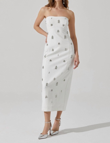 camryn embellished strapless midi dress in white