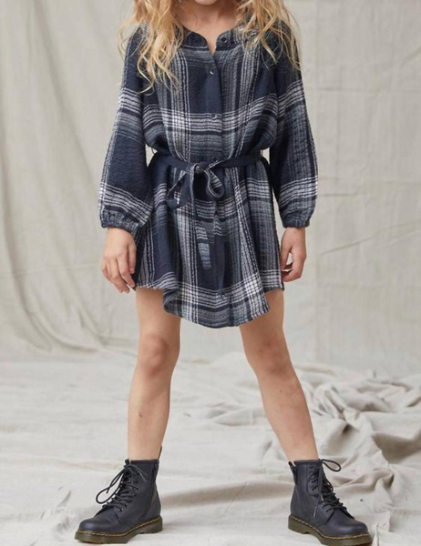 girl's smocked plaid shirt dress in black