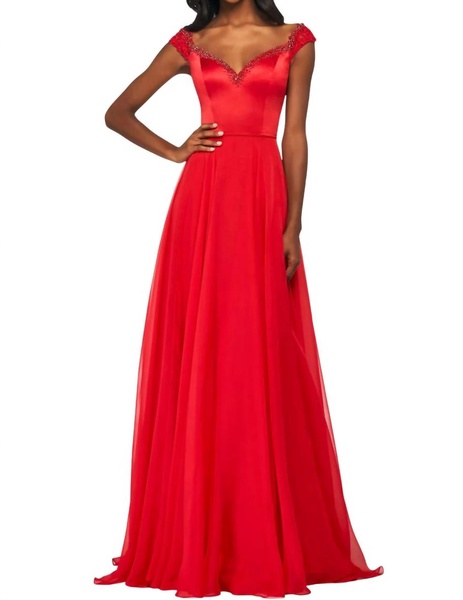 lace cap-sleeves chiffon prom dress in red