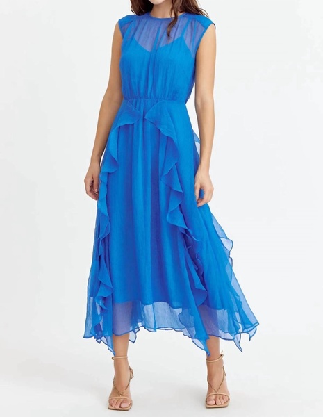 cascading ruffled midi dress in blue