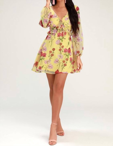 botanical bae floral print long sleeve dress in yellow