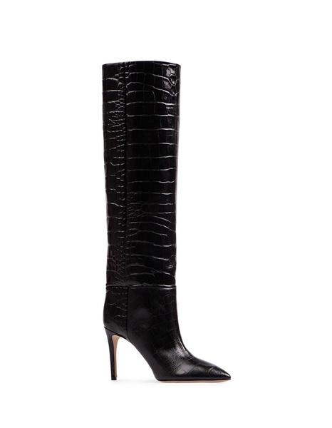 Charcoal Leather Stiletto Boots With Crocodile Print