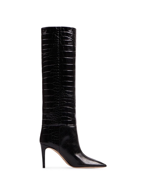 Charcoal Leather Stiletto Boots With Crocodile Print
