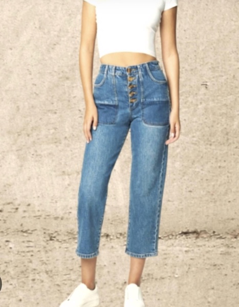 women exposed button fly big pockets in into the blue