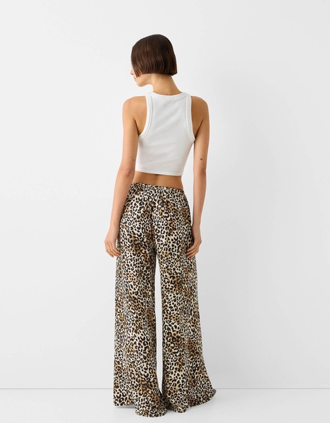 Bershka tie waist wide leg pants in leopard print