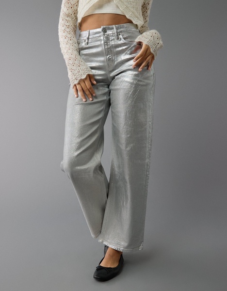 ae stretch curvy metallic super high-waisted baggy straight jean
