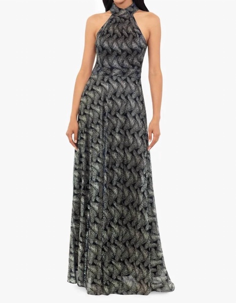 vilma halter neck foil print maxi dress in navy blue with gold