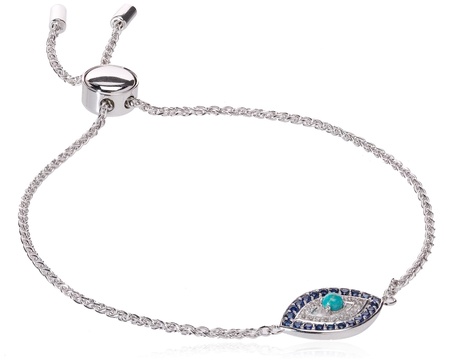 Amazon Essentials Sterling Silver Genuine Stabilized Turquoise with Created Blue and White Sapphire Evil Eye Bolo Adjustable Bracelet , (previously Amazon Collection)