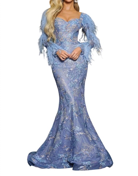 lace mermaid evening dress in blue