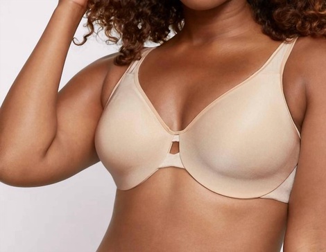 lilyette minimizer plunge into comfort keyhole underwire bra in taupe
