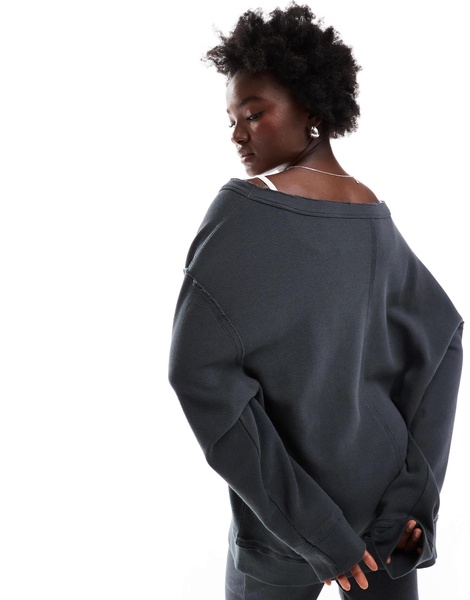 ASOS DESIGN waffle oversized off-shoulder V-neck sweatshirt in washed charcoal - part of a set