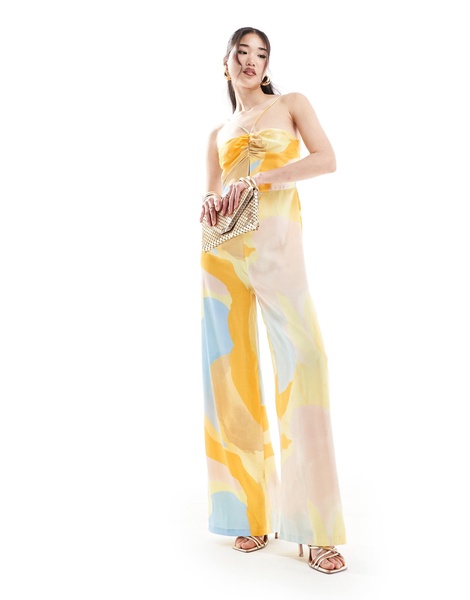 ASOS DESIGN halter tie ruched front straight leg satin jumpsuit in abstract print