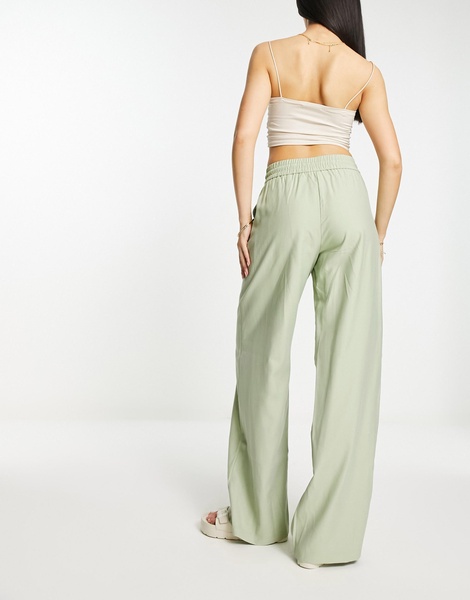 Stradivarius crinkle pull on wide leg pants in khaki