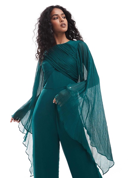 ASOS DESIGN exaggerated sleeve chiffon wide leg jumpsuit in jewel green