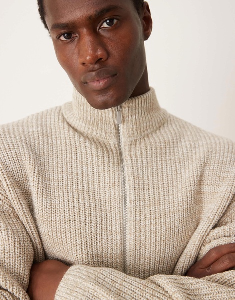 ASOS DESIGN knitted oversized fisherman rib zip through in oatmeal twist